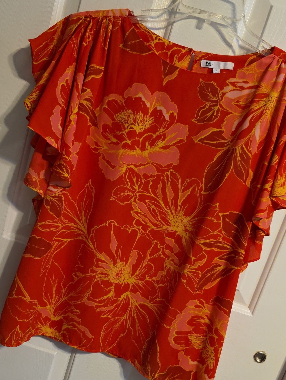 DR2 Pink/Coral Floral Ruffle Sleeve Top T119